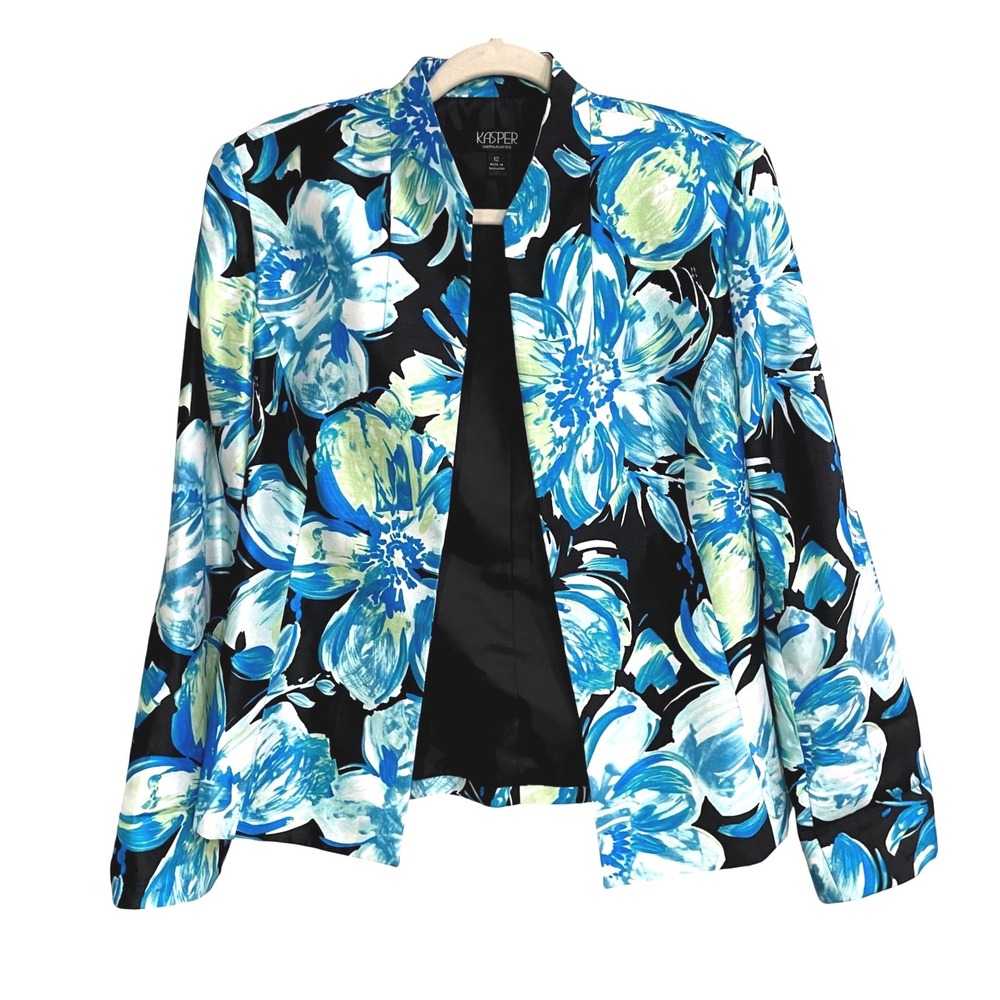 Kasper Floral Open Front Blazer Jacket Womens 12 Blue Green Watercolor Career⁠ - Picture 2 of 7